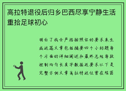 高拉特退役后归乡巴西尽享宁静生活重拾足球初心